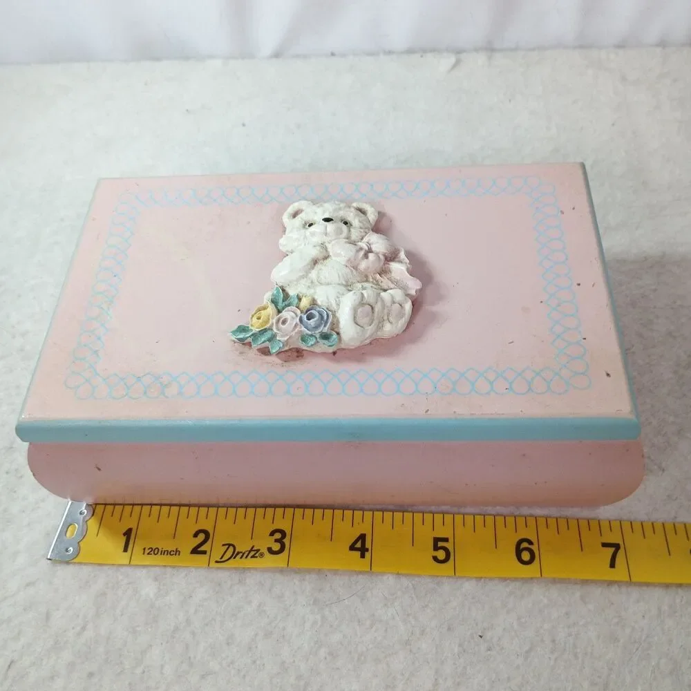 Vintage Pink Wooden Jewelry Box Teddy Bear Flowers Mirror Girls Keepsake Box